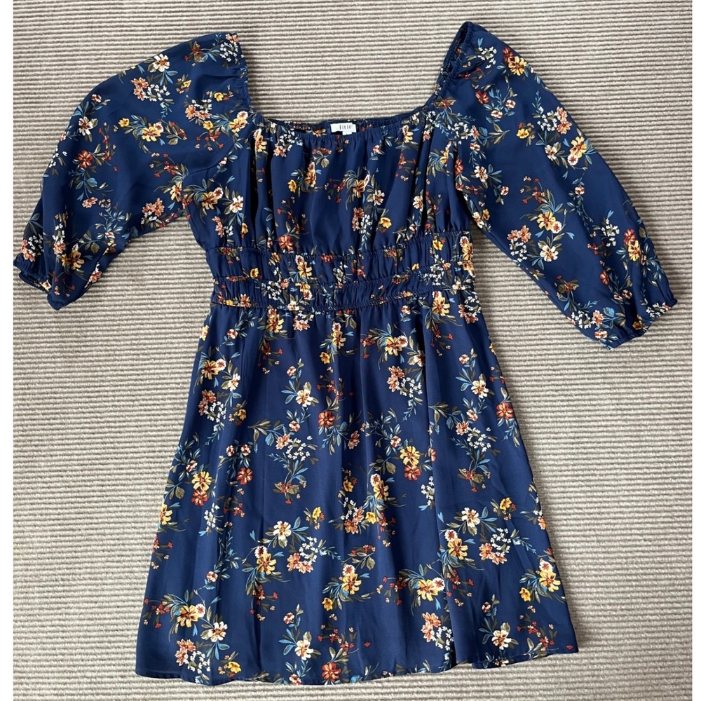 AUW Navy Blue Floral‎ Smocked Waist Square Neck Mini Dress Size L